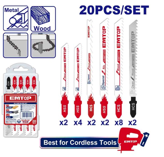 20 Piece Jig Saw Blade Set for Wood Metal Aluminium T111C T244D T101D T118B T118A T127D Mixed Teeth Profiles Plastic Box Packed